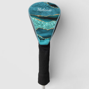 Teal Blue Gold Golf Head Cover Personalised Name