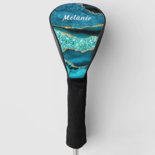 Teal Blue Gold Golf Head Cover with Custom Name