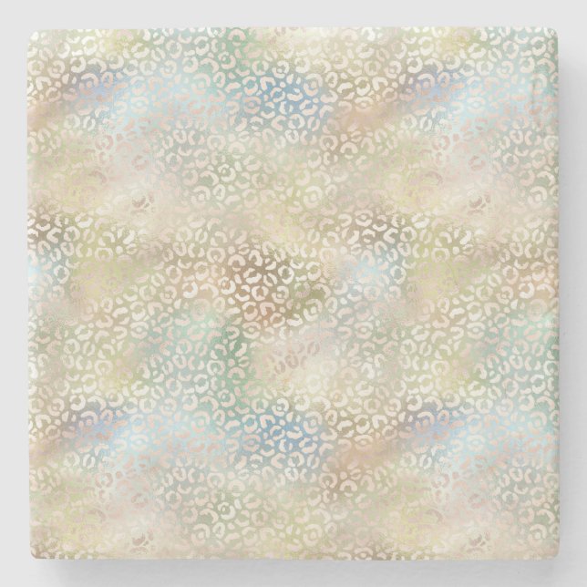 Teal Blue Gold Green Glam Leopard Print Stone Coaster (Front)
