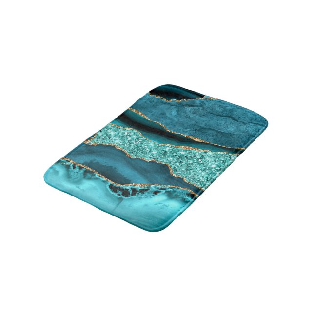 Teal Blue Gold Marble Aqua Turquoise Bath Mat (Angled)