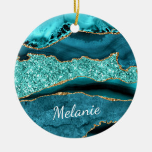 Teal Blue Gold Marble Aqua Turquoise Custom Name Ceramic Tree Decoration