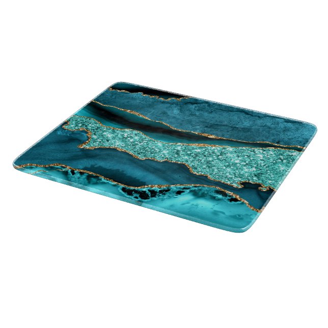Teal Blue Gold Marble Aqua Turquoise Cutting Board (Corner)