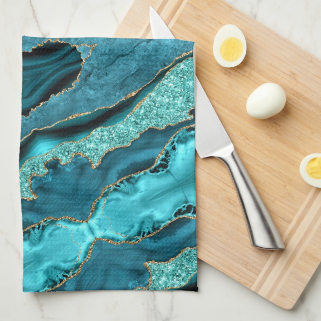 Teal Blue Gold Marble Aqua Turquoise Kitchen Towel (Quarter Fold)
