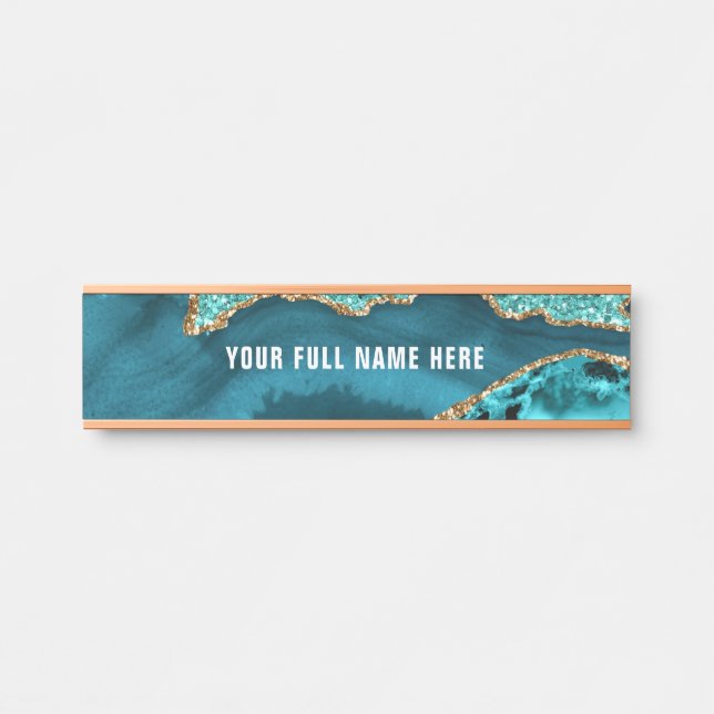 Teal Blue Gold Marble Custom Name Door Sign (Front)