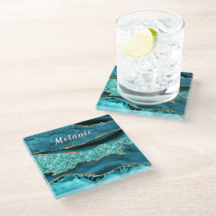 Teal Blue Gold Marble Custom Name Glass Coaster