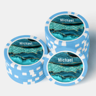 Teal Blue Gold Marble Custom Name Poker Chips