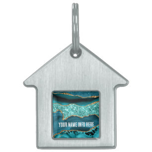 Teal Blue Gold Marble Custom Name Text Pet ID Tag