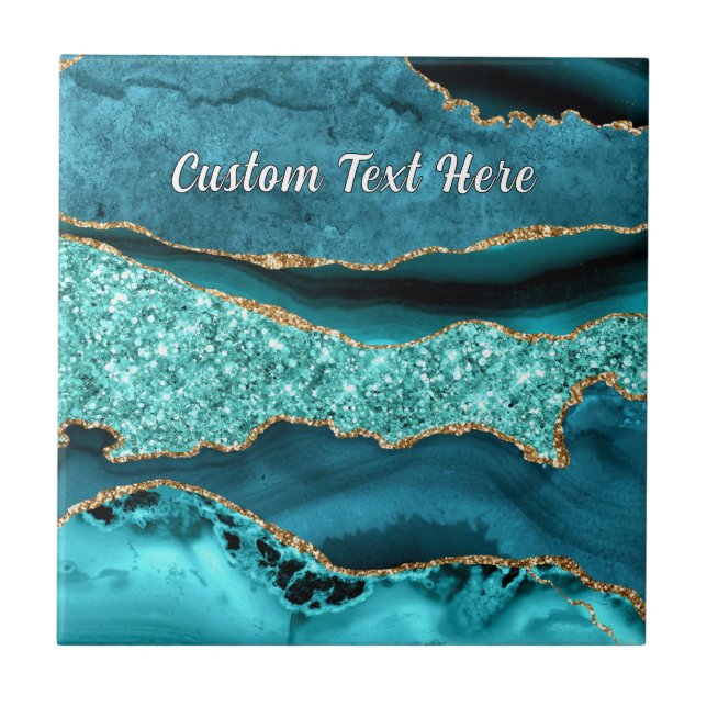 Teal Blue Gold Marble Custom Text Ceramic Tile (Front)