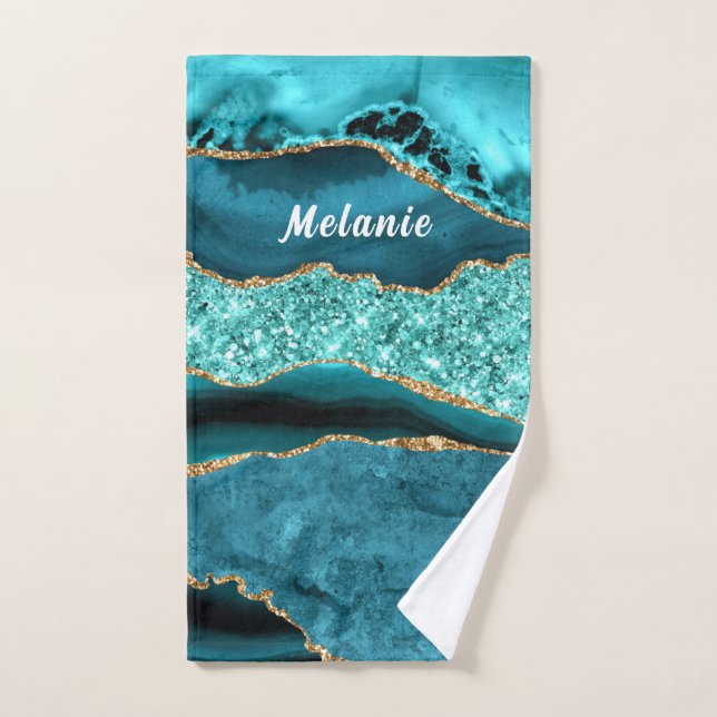 Teal Blue Gold Marble Custom Your Name Bath Towels (Hand Towel)