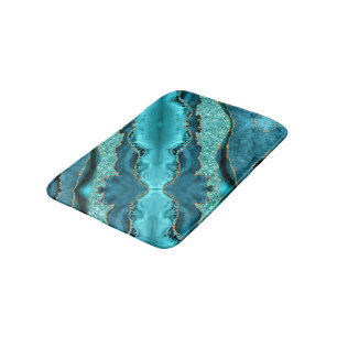 Teal Blue Gold Marble Turquoise Bath Mat Gift