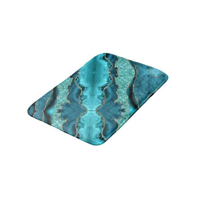 Teal Blue Gold Marble Turquoise Bath Mat Gift (Angled)