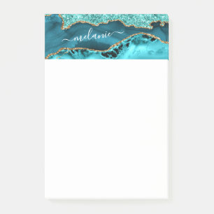 Teal Blue Gold Marble Turquoise Custom Name Post-it Notes