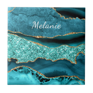 Teal Blue Gold Marble Turquoise Custom Name Tile