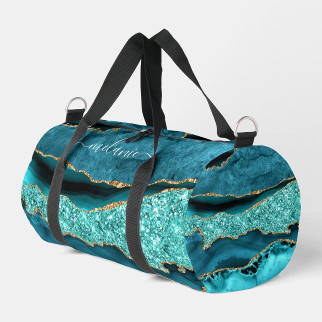 Teal Blue Gold Marble Turquoise Custom Your Name Duffle Bag (Left Corner)