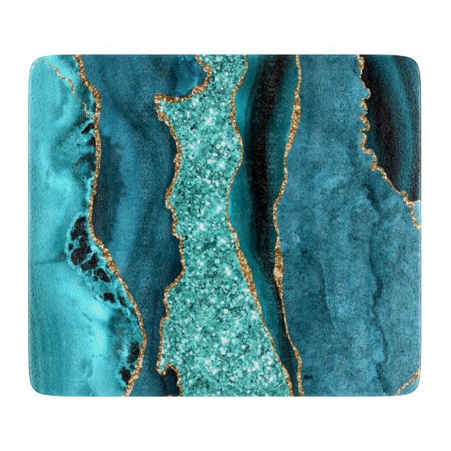 Teal Blue Gold Marble Turquoise Cutting Board (Front)