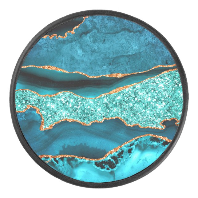 Teal Blue Gold Marble Turquoise Gift Hockey Puck (Front)