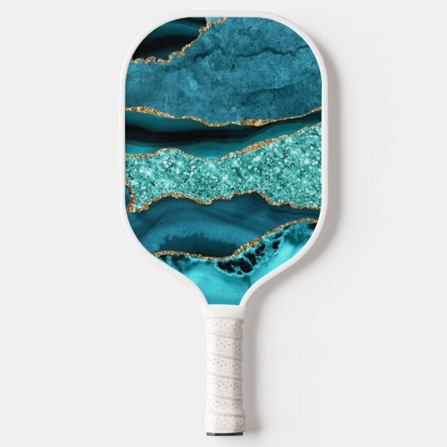 Teal Blue Gold Marble Turquoise Pickleball Paddle (Front)