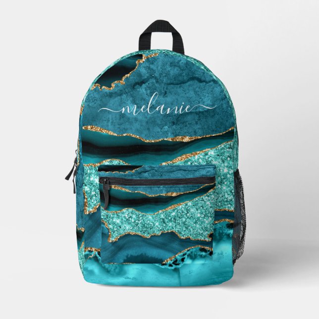 Teal Blue Gold Marble Turquoise Your Name Backpack (Front)