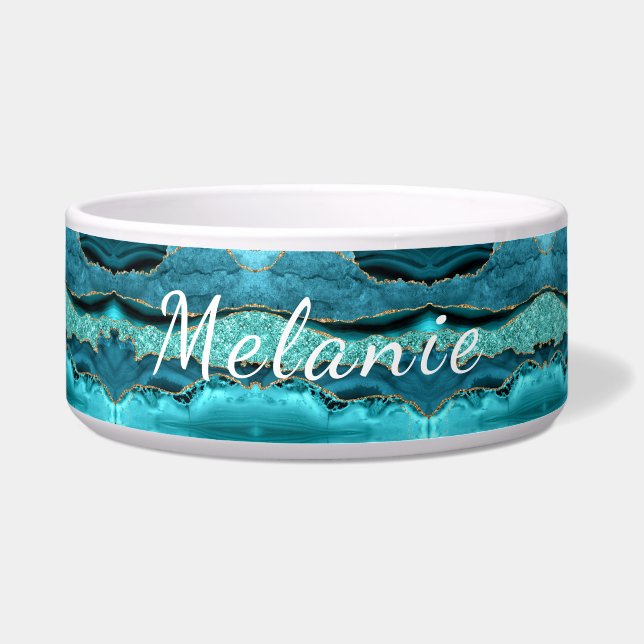 Teal Blue Gold Marble Turquoise Your Name Pet Bowl (Front)