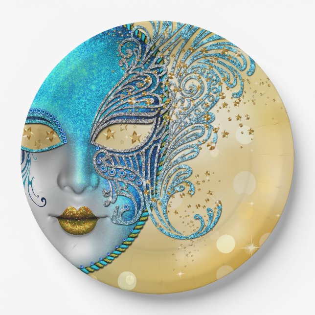 Teal Blue Gold Masquerade Party Paper Plate (Front)