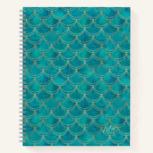 Teal Blue & Gold Monogram Mermaid Journal Notebook