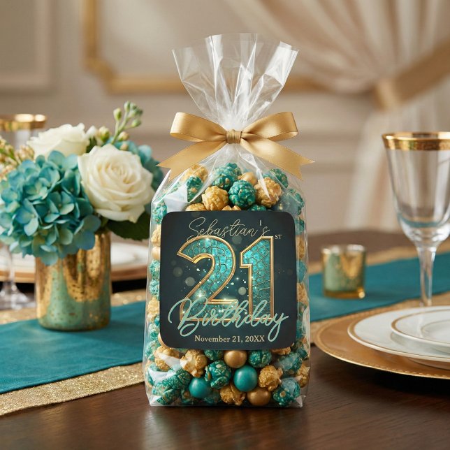 Teal Blue Gold Mosaic Agate 21st Birthday Party Square Sticker (Creator Uploaded)