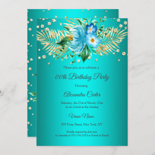 Teal blue gold palms floral Birthday Party Invitation