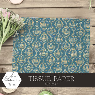 Teal Blue Gold Pineapple Damask Tissue Paper