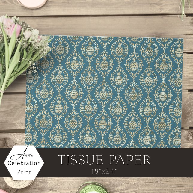 Teal Blue Gold Pineapple Damask  Tissue Paper (teal blue gold pineapple damask decoupage craft and DIY)