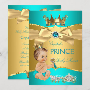 Teal Blue Gold Prince Baby Shower Brunette Boy Invitation
