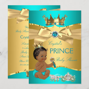 Teal Blue Gold Prince Baby Shower Ethnic Invitation