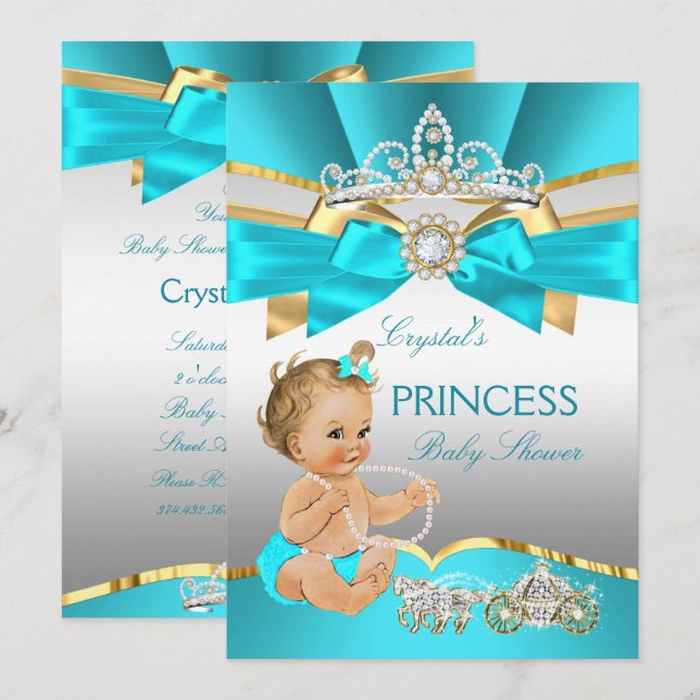 Teal Blue Gold Princess Baby Shower Blonde Invitation (Front/Back)