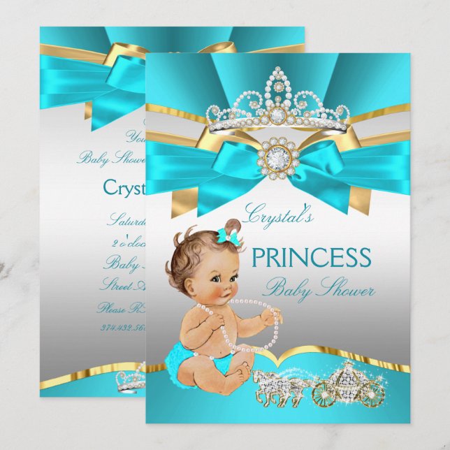 Teal Blue Gold Princess Baby Shower Brunette Invitation (Front/Back)