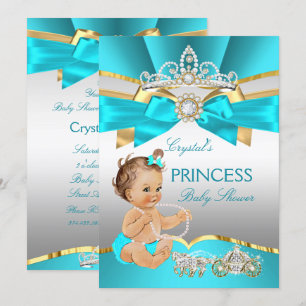Teal Blue Gold Princess Baby Shower Brunette Invitation