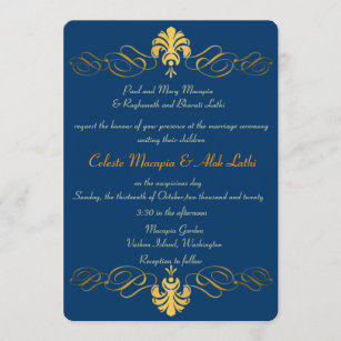 Teal Blue Gold Retro Ornate Indian Wedding Invites