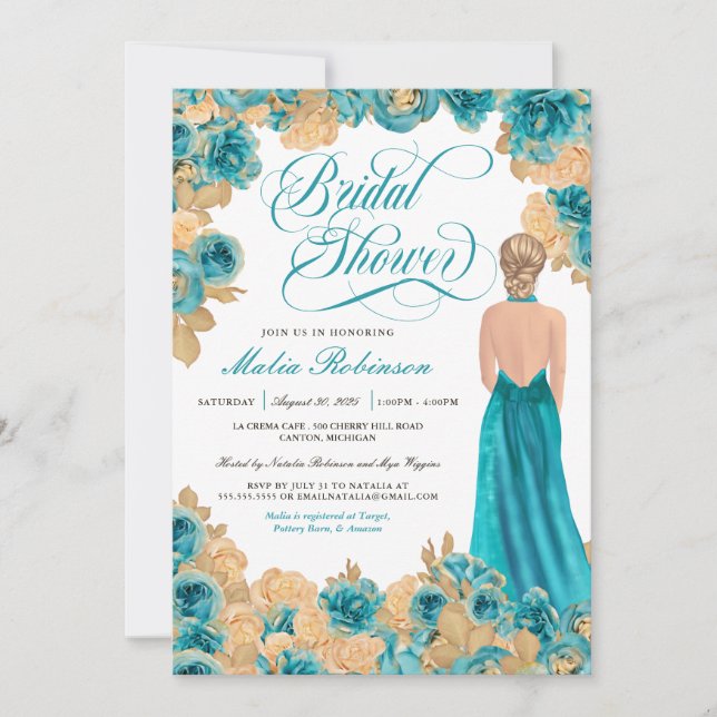 Teal Blue & Gold Roses Elegant Gown Bridal Shower  Invitation (Front)