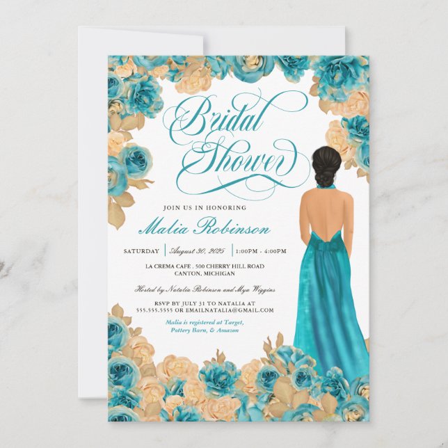 Teal Blue & Gold Roses Elegant Gown Bridal Shower  Invitation (Front)
