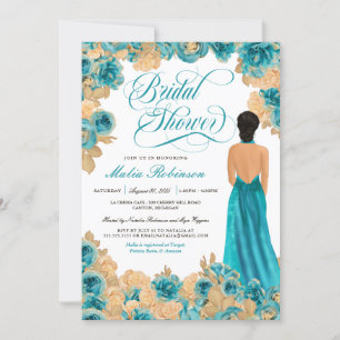 Teal Blue & Gold Roses Elegant Gown Bridal Shower Invitation
