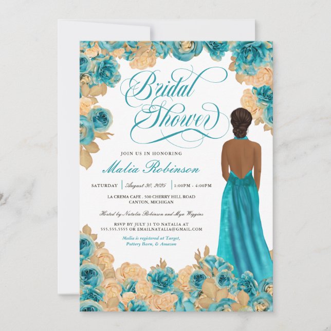 Teal Blue & Gold Roses Elegant Gown Bridal Shower  Invitation (Front)