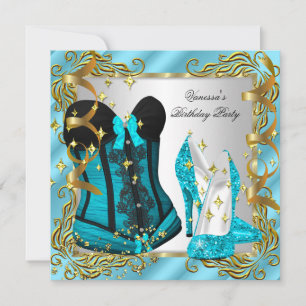 Teal Blue Gold Silver Corset High Heel Party Invitation