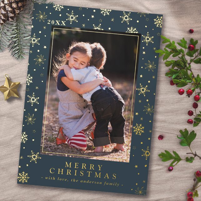 Teal Blue Gold Snowflakes Elegant Christmas Photo Foil Holiday Card (Creator Uploaded)