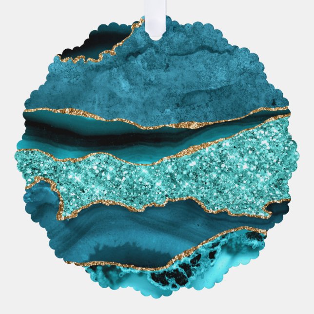 Teal Blue Gold Turquoise Christmas Ornament Card (Front)