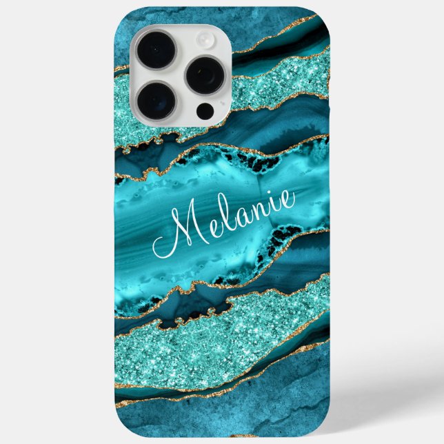Teal Blue Gold Turquoise Custom Name iPhone Case (Back)