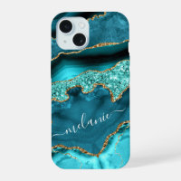 Teal Blue Gold Turquoise iPhone Case Custom Name