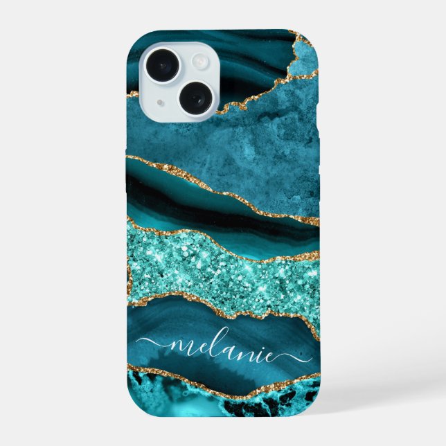 Teal Blue Gold Turquoise Your Name iPhone Case (Back)