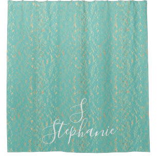 Teal Blue Gold Vintage Glittery Monogram Initials Shower Curtain