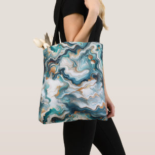 Teal Blue Gold White Modern Marble Agate  Tote Bag