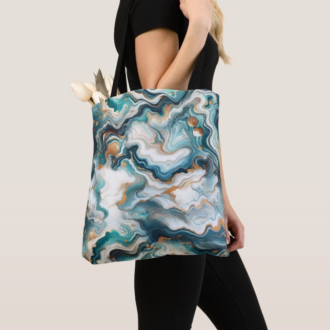 Teal Blue Gold White Modern Marble Agate  Tote Bag (Close Up)