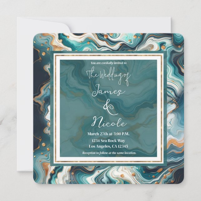 Teal Blue Gold White Modern Marble Agate Wedding Invitation (Front)