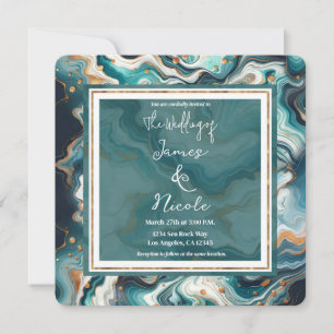 Teal Blue Gold White Modern Marble Agate Wedding Invitation